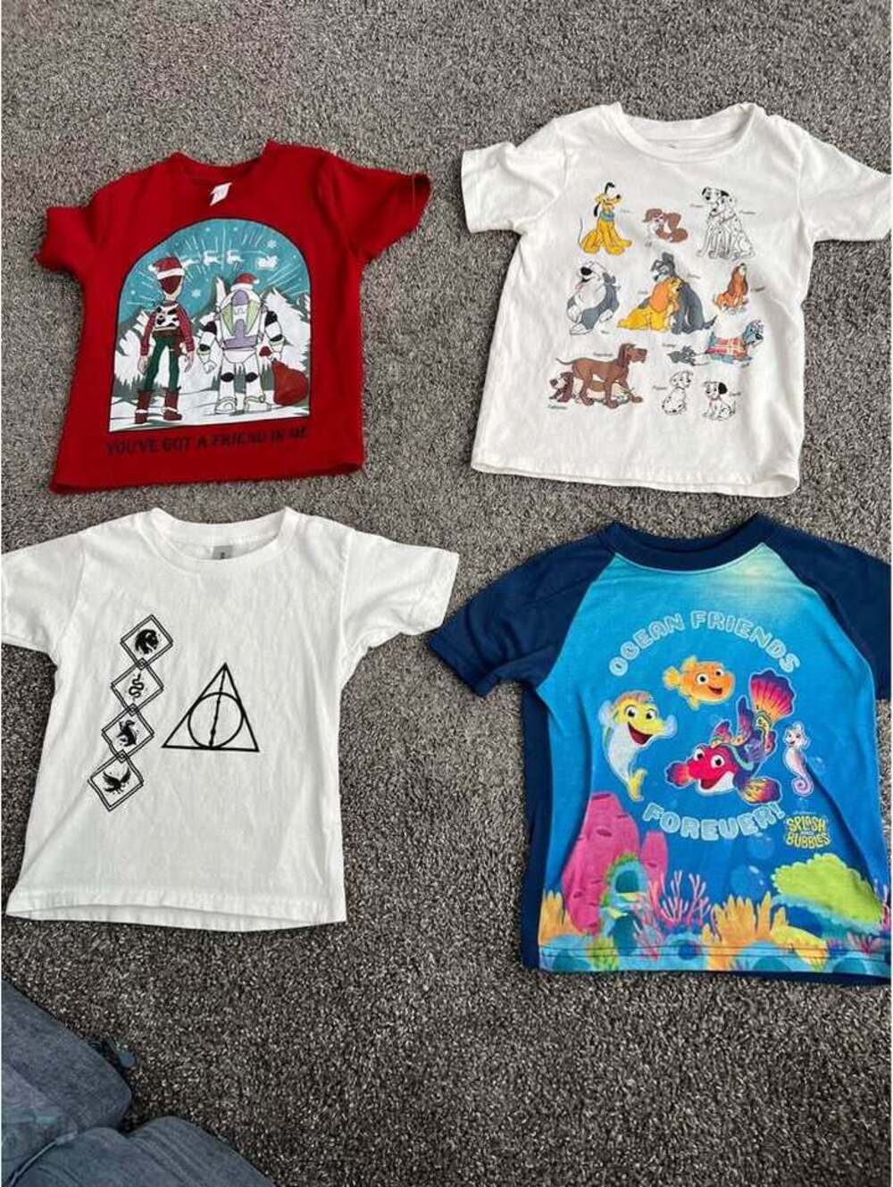 Set of 4 Disney Themed Kids T-Shirts - Toy Story, Harry Potter, Ocean Friends